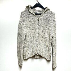 Hand Cable knit Double Zip Hoodie Cardigan Grey White Womens M